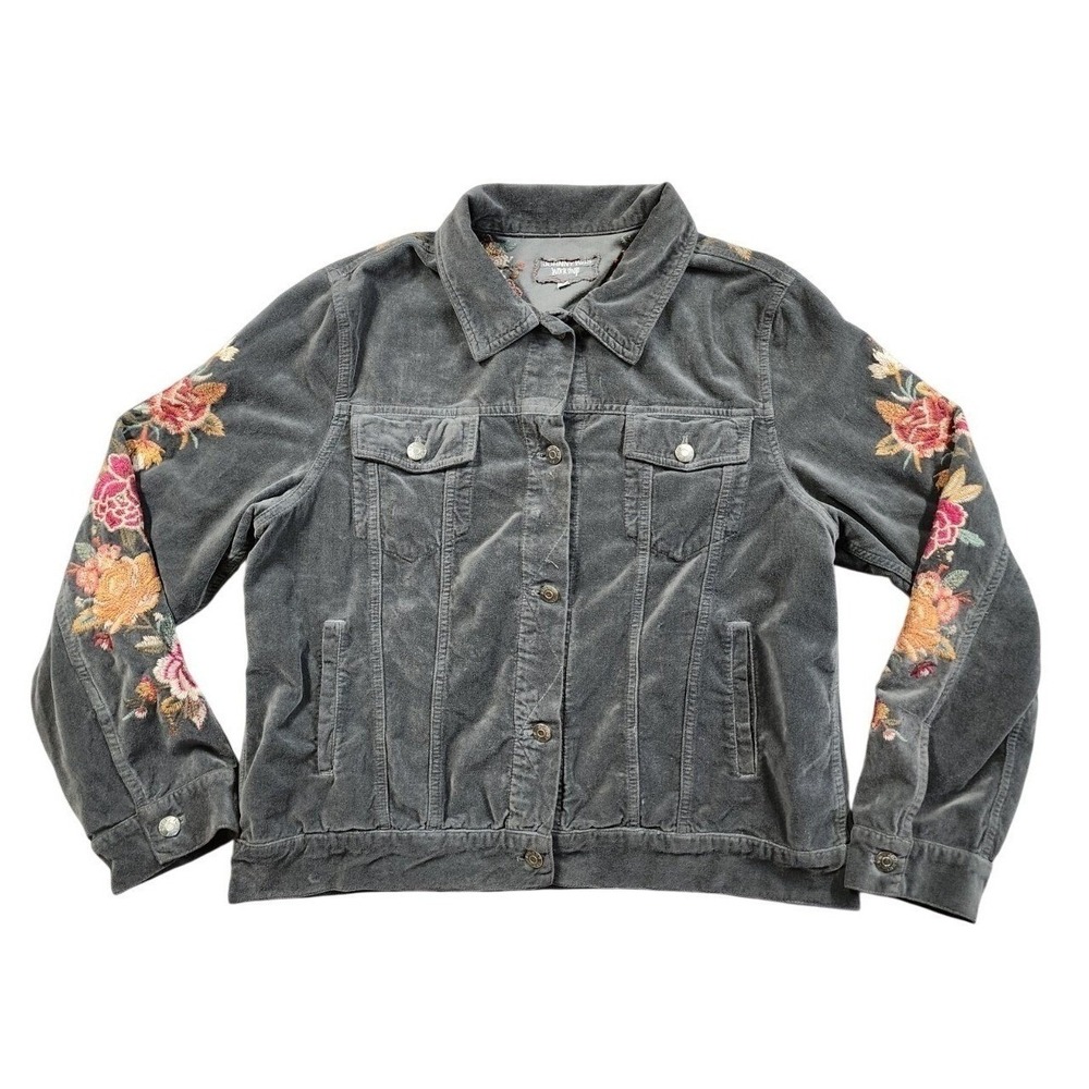 Johnny Was Workshop Corduroy Floral Embroidered Trucker Jacket Womens L Gray - Picture 4 of 14